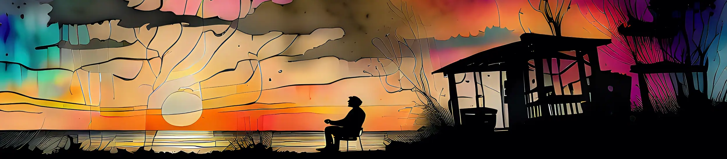 An illustration of a silhouette of a man watching a sunset from a fish shack in Simmons Bayou