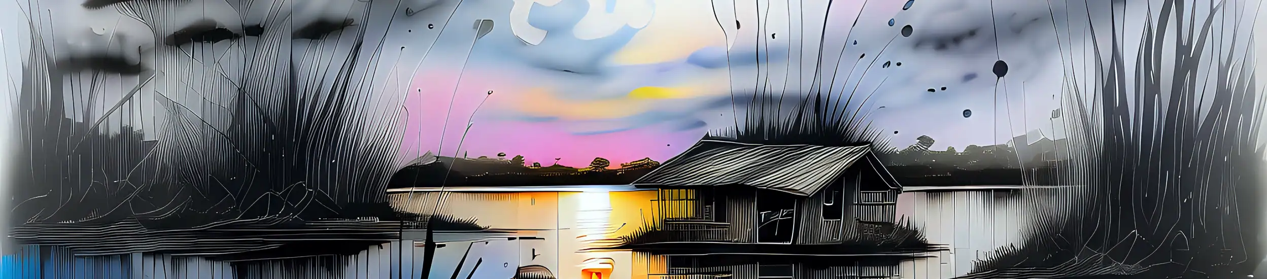 An illustration of fish shack in St. Joseph Bay on the shores of Simmons Bayou during a sunrise